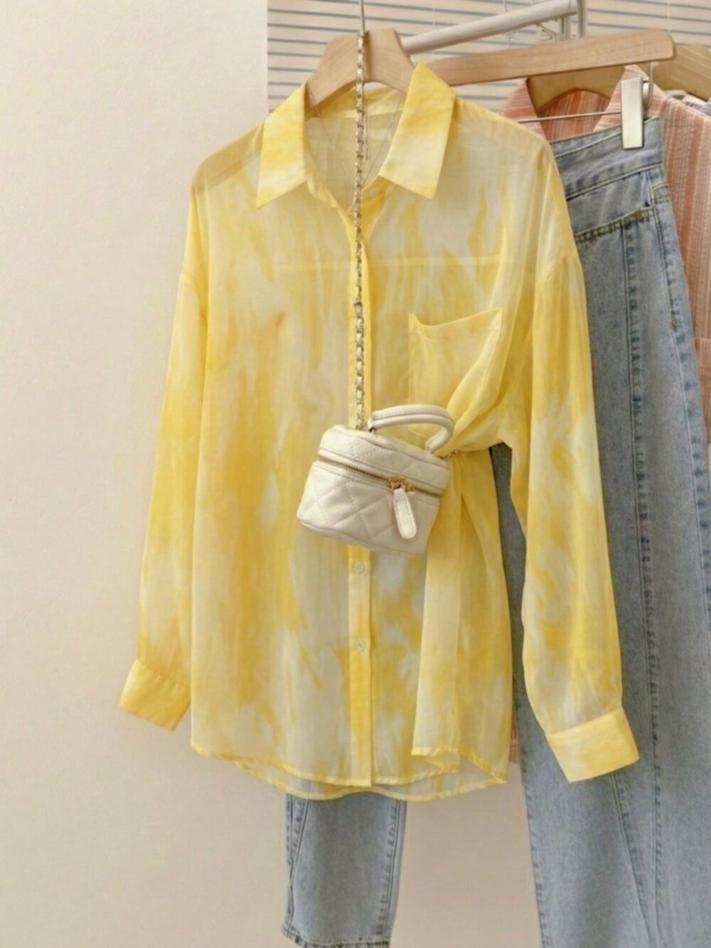 Yellow Casual Tie-Dye Women's Lightweight Sheer Long Sleeve button down Blouse